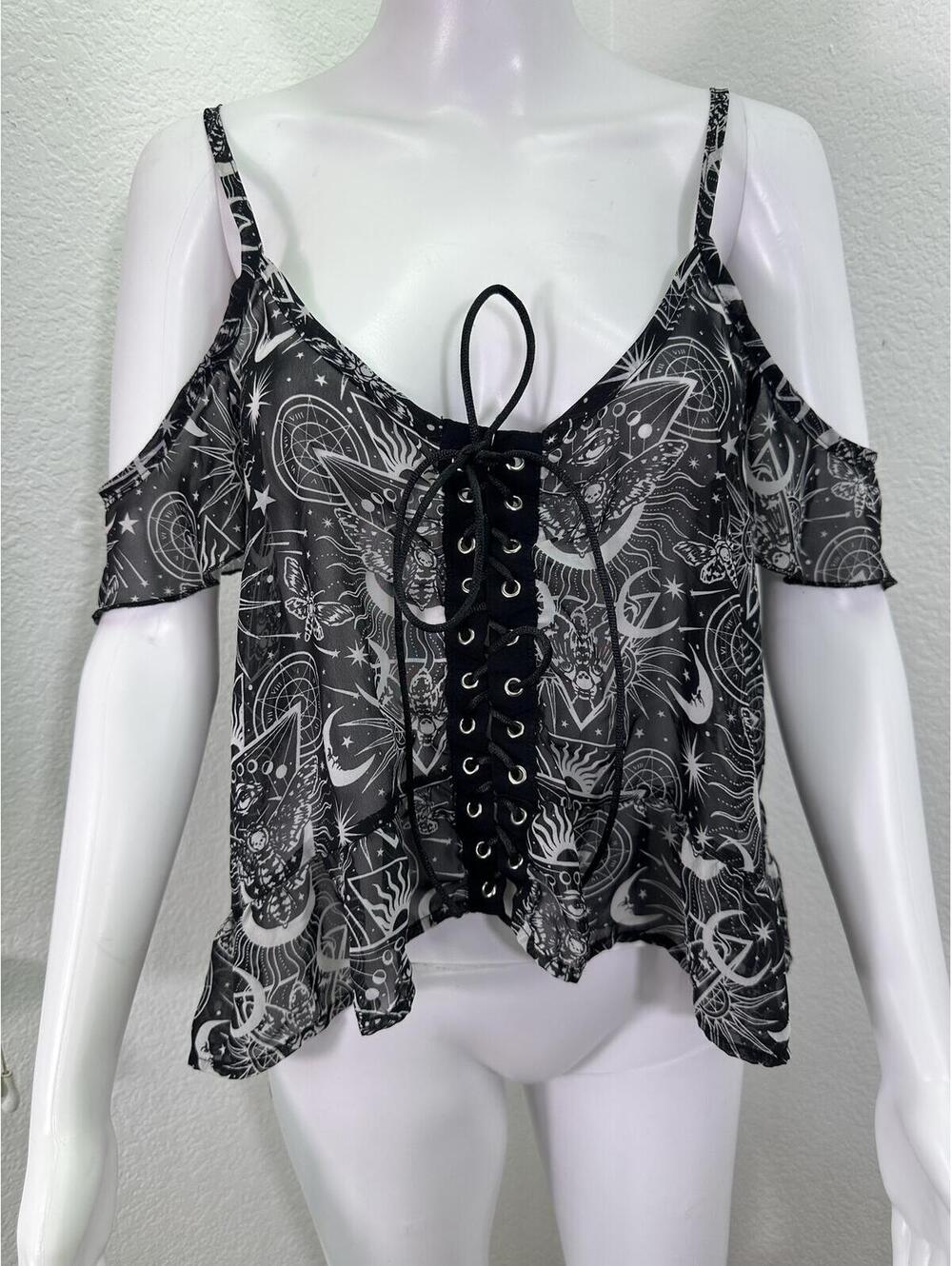 Sz M Killstar Celestial Sheer Lace Up Cold Shoulder Goth Top Witchy Celestial